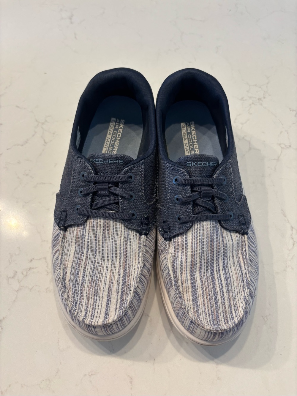 Skechers Women’s Navy and White Striped Canvas Boat Shoes- On The Go 7.5